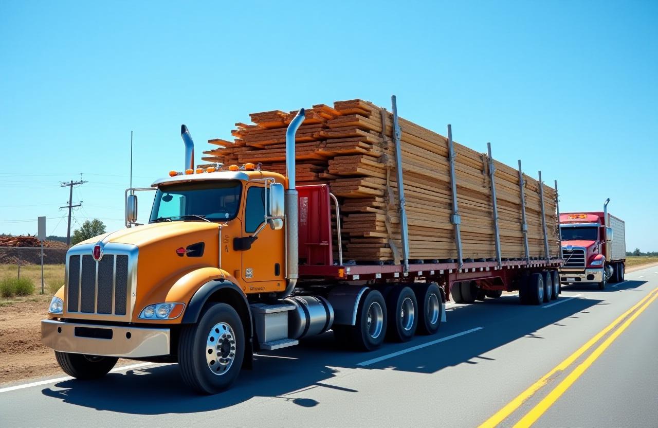 Flatbed truck hauling construction materials and steel