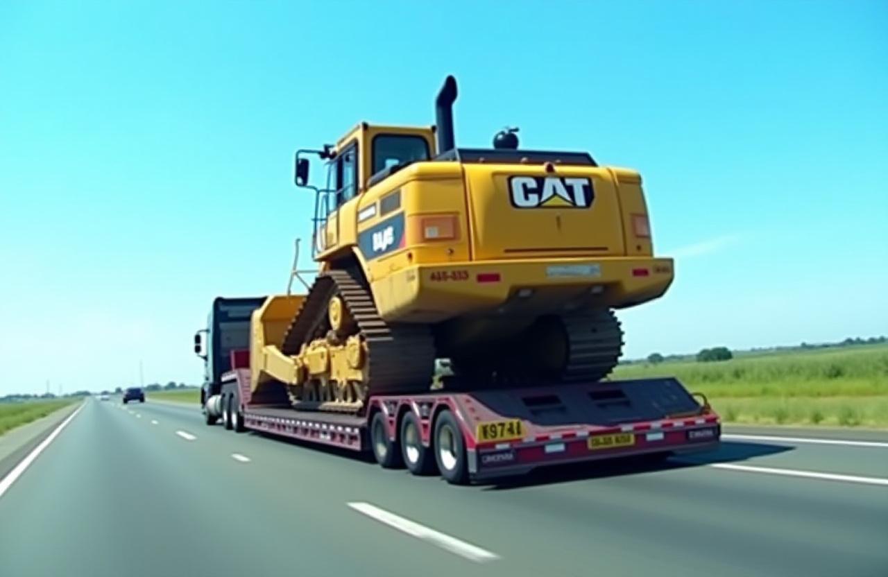 Heavy equipment being transported on specialized lowboy trailer